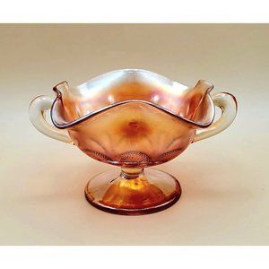 Dugan/Peach Iridescent Ruffled 2 Handles Footed Bonbon Compote Candy Dish